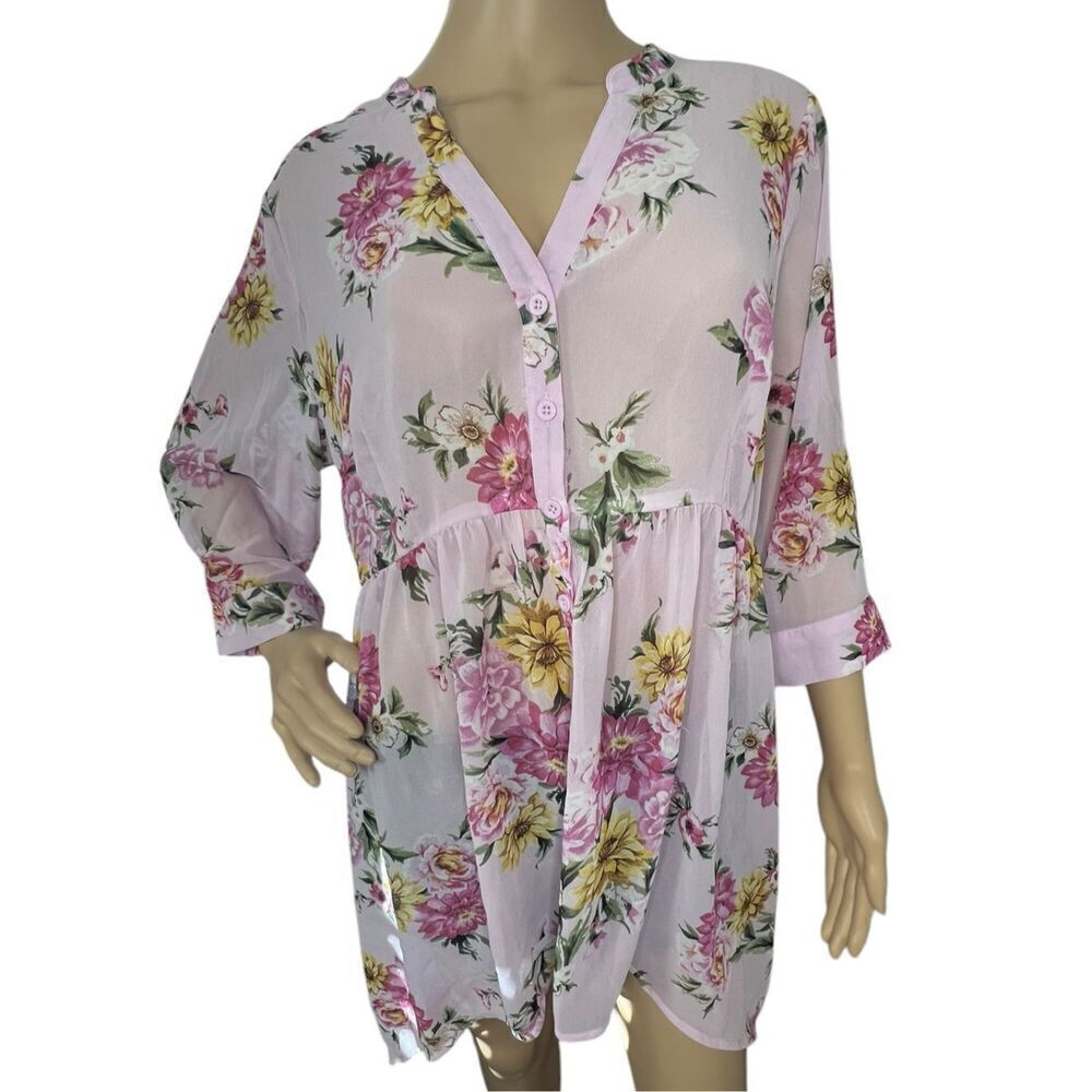Torrid Floral Pattern Sheer Button Up Half Sleeve Flowy Blouse